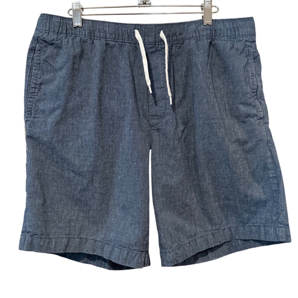 H&M Mens Blue Chambray Cotton Shorts L Drawstring Elastic Waist Casual Summer